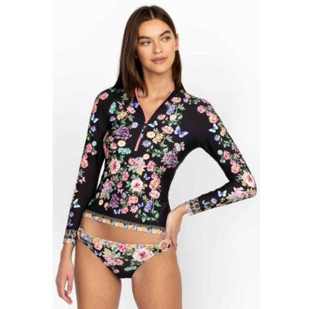 Johnny Was Butterfly Surf Shirt Swimwear Zipper Long Floral Black Rash Guard NEW